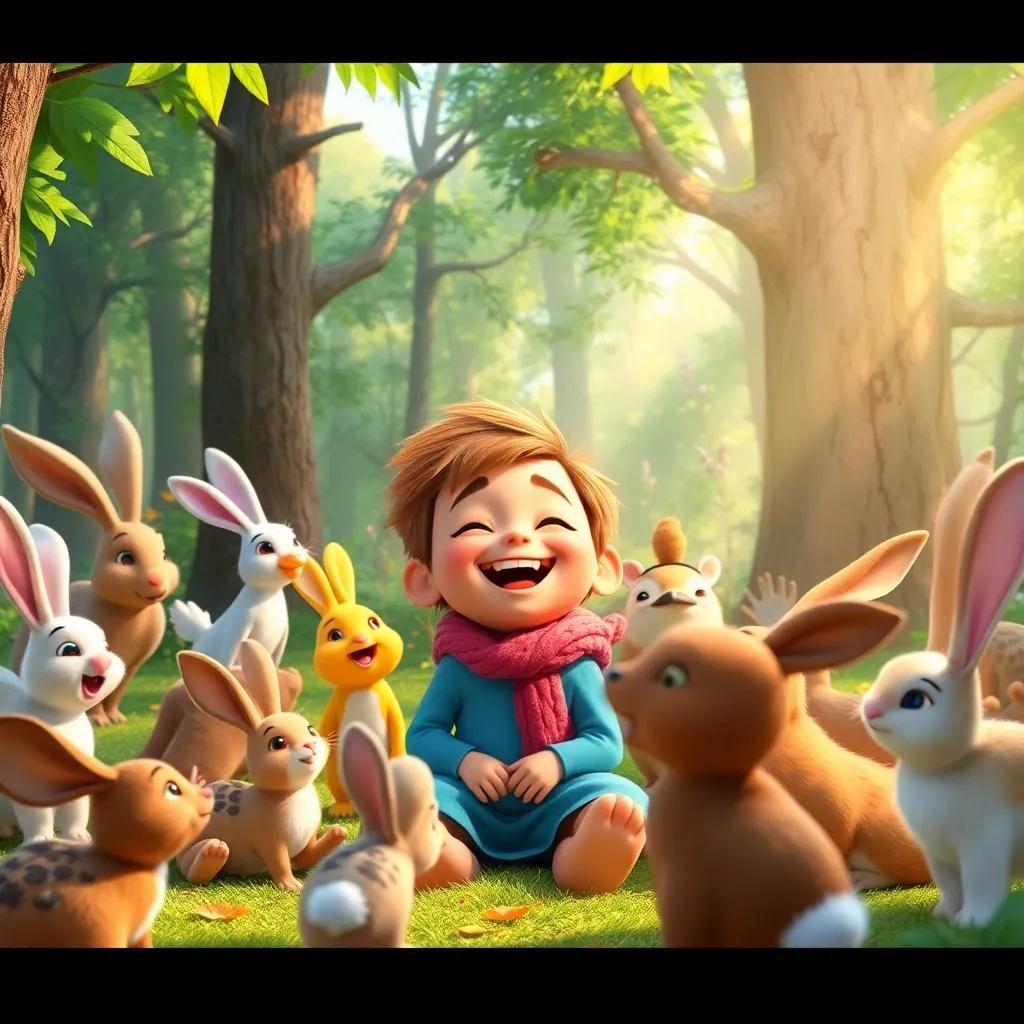 A lively forest scene with talking animals like rabbits and birds all around Sami, who is laughing and playing with them, bright sunlight filtering through the leaves, cheerful, vivid colors, child-friendly, lively