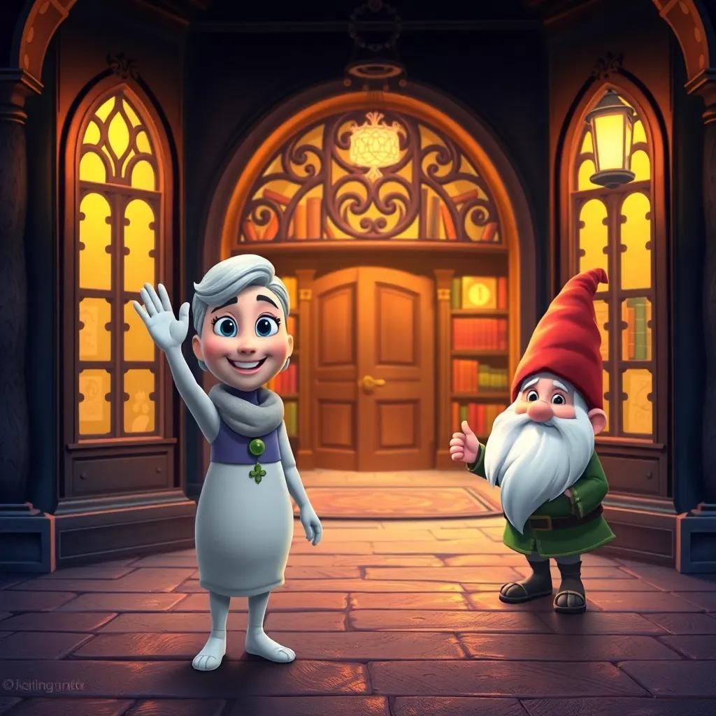 A happy Sami waving goodbye to the dancing gnome at the library's entrance, the magical library glowing in the background, warm colors, heartwarming, inviting atmosphere, detailed digital art