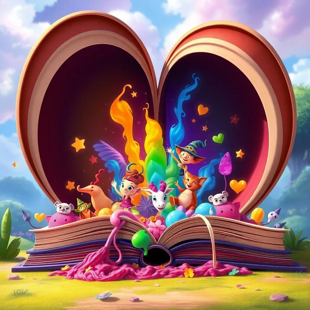 A large open book spilling out vibrant colors and mystical creatures, with characters emerging joyfully from the pages, whimsical setting, illustration, colorful and magical