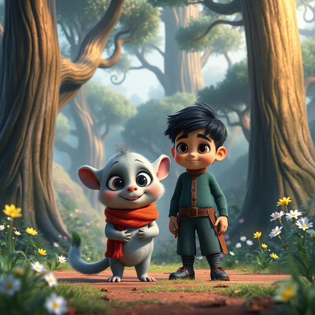 A small grey creature, Zarekh, with big eyes and a friendly smile, standing beside Omar in a magical forest filled with giant trees and sparkling flowers, cheerful and adventurous mood, detail-rich