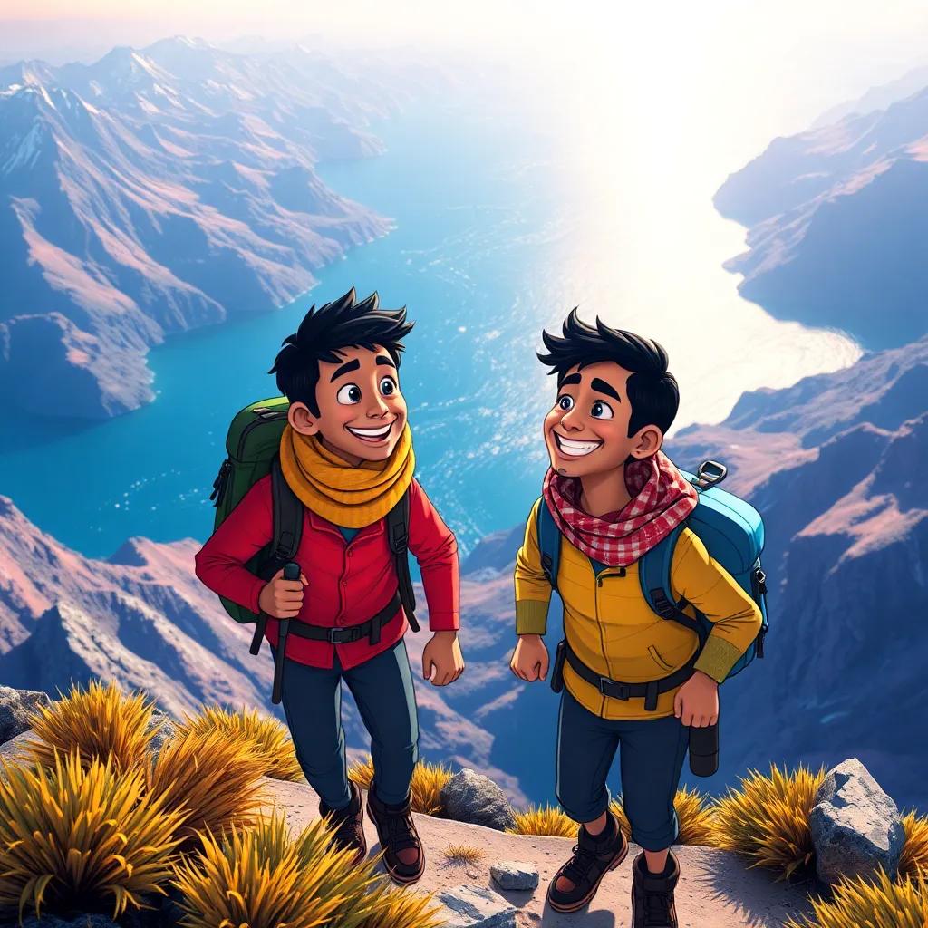 Omar and Zarekh hiking through shimmering mountains and a twinkling ocean backdrop, facing challenges and sharing laughs, bright colors, dynamic and lively