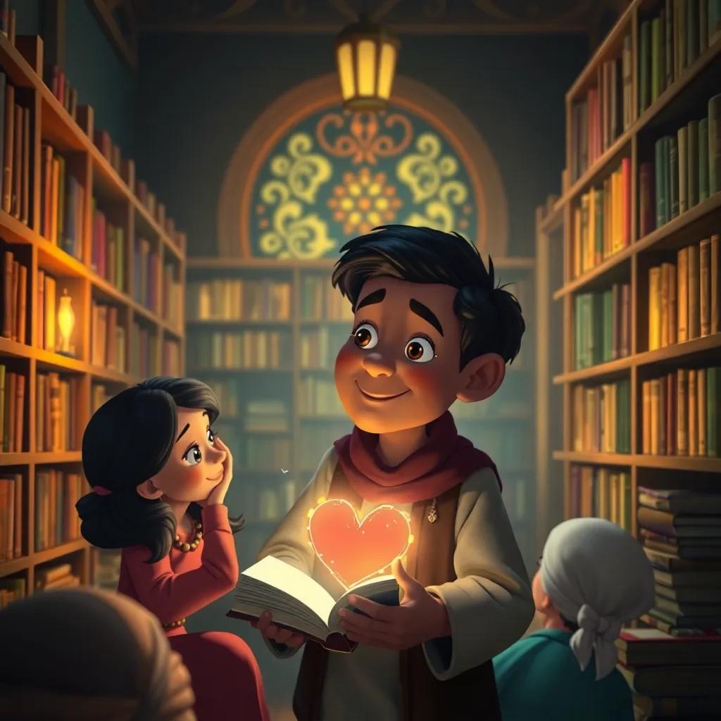 Omar, returning to the library with a heart full of stories, surrounded by loved ones, with glowing books in the background conveying warmth and love, heartfelt and magical atmosphere
