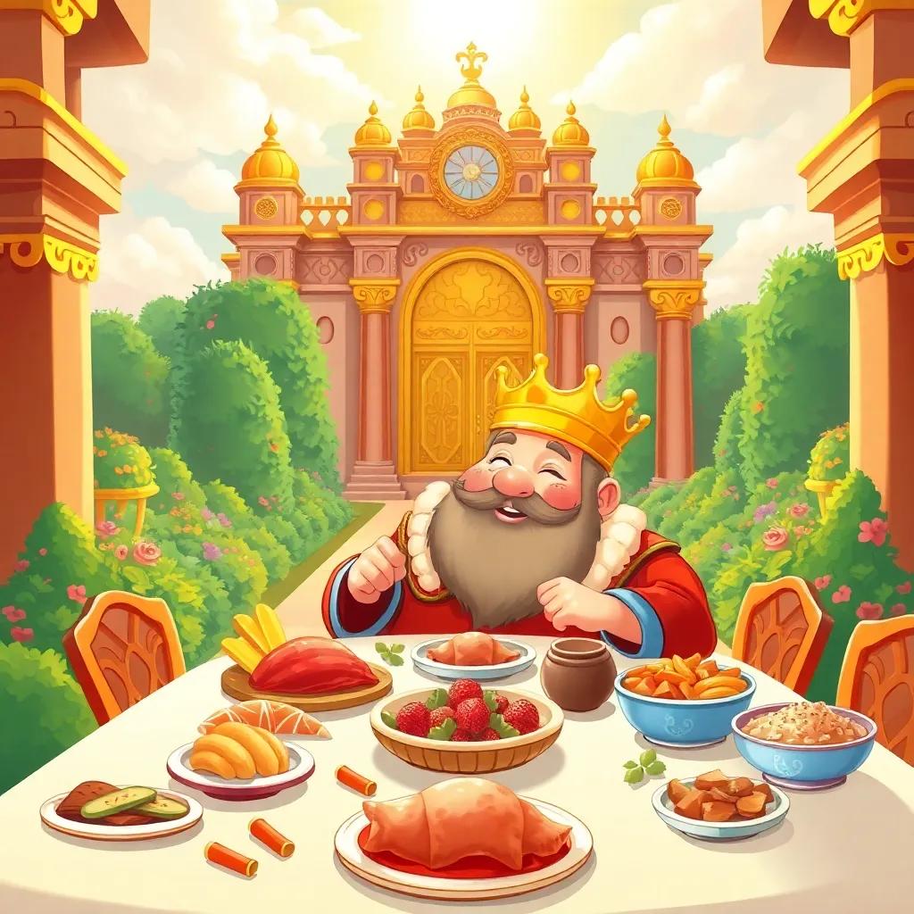 A grand palace with golden gates, lush gardens, and a large dining table filled with delicious food. The lazy king, with round cheeks and a golden crown, sits and eats. Bright sun and vivid colors, cheerful atmosphere, high quality art