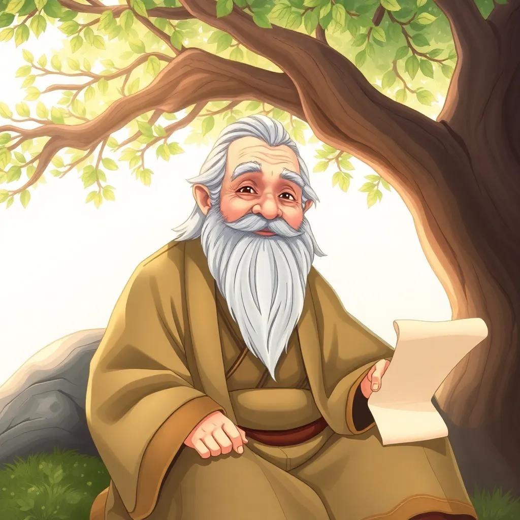 A wise old man in traditional clothes, sitting under a tree with scrolls. He has a gentle smile, gray beard, and looks very wise. Bright and sunny day, peaceful scene, warm colors, high quality