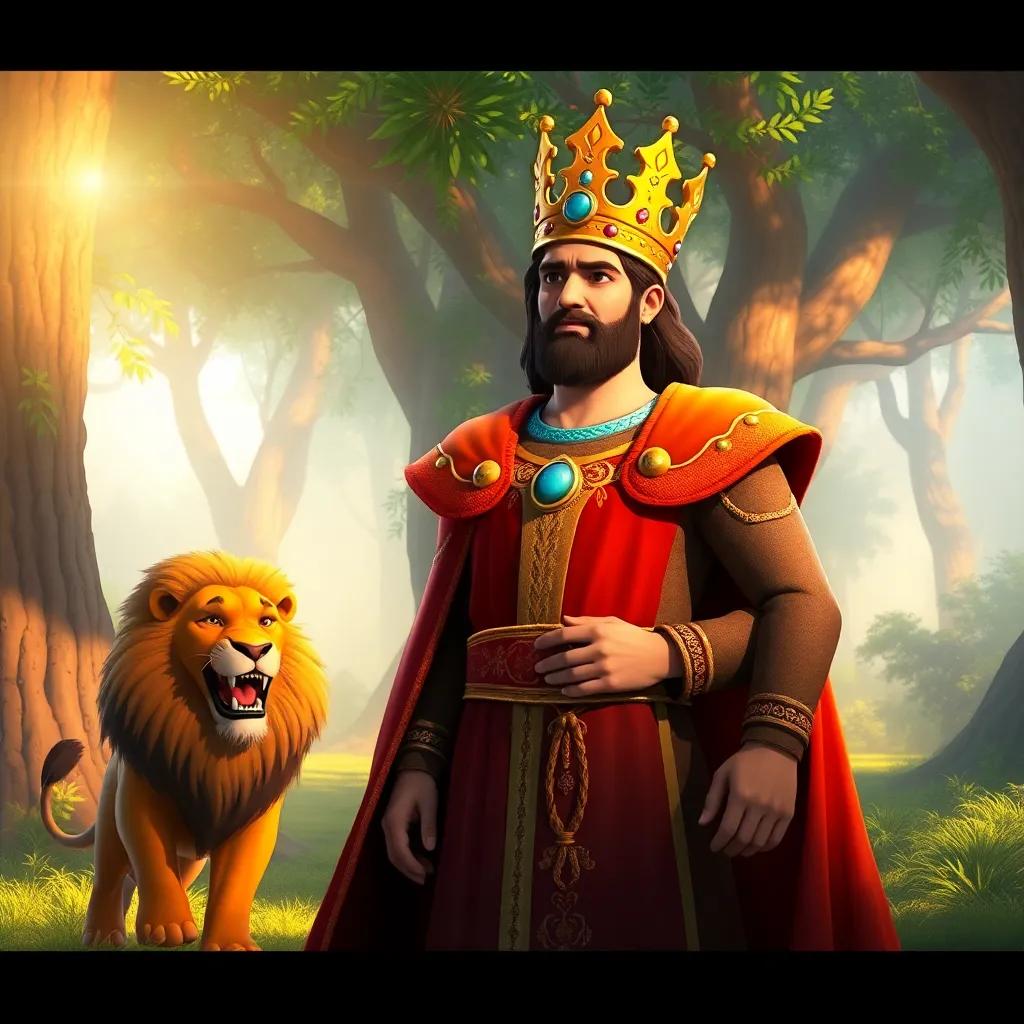 A powerful king named Adam, with a royal robe and a golden crown, standing majestically in front of a lush forest, calling a brave lion, warm sunlight, vibrant colors, inviting atmosphere, digital art, fantasy, high quality.