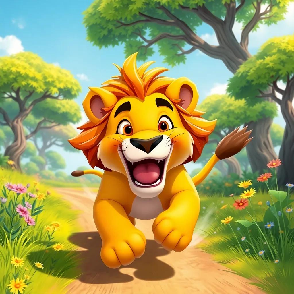 A brave lion, with a shiny mane and golden fur, racing towards King Adam with excitement, surrounded by beautiful trees and flowers, cheerful mood, bright colors, child-friendly illustration, adventure theme, high detail.