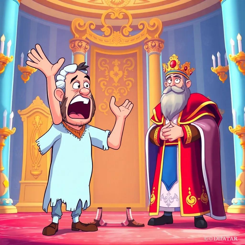 An angry man with tattered clothes, standing before the king, shouting with passion, while the king looks confused, surrounded by beautiful palace decor, vibrant colors, child-friendly style, upbeat atmosphere, illustration quality, high resolution