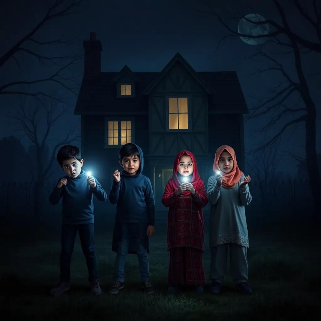 In the dark, spooky outskirts of the city at midnight, four friends, Kareem, Noor, Ali, and Salma, stand nervously in front of an old, creaky house with their flashlights. One friend is expressing bravery while another looks apprehensive, creating a suspenseful atmosphere, digital art, ominous lighting, shadowy backdrops, child-friendly, inviting curiosity.