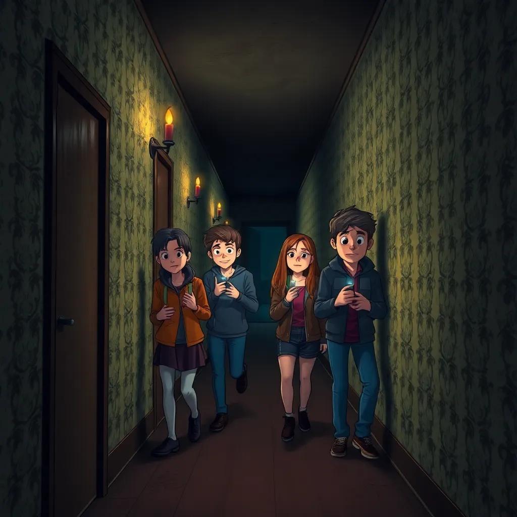 Inside the long, dim hallway of the old house, the four friends are nervously walking with candlelight flickering around them. Walls covered in faded wallpaper create an eerie mood, and one friend clutches their flashlight tightly while another looks worried, cartoon-style, warm, shadowy tones, exaggerated expressions, engaging.