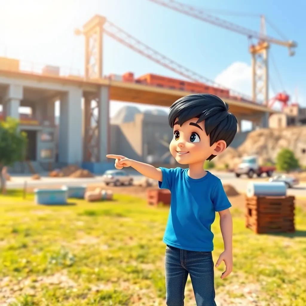 سالهم, a young boy with short black hair, wearing a blue t-shirt and jeans, with his father, pointing at a construction site with a big bridge being built, outdoor scene, bright sunlight, lively atmosphere