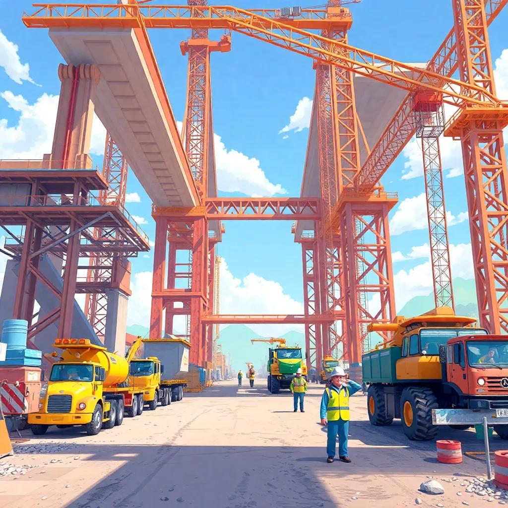 A construction site showing a large bridge with workers and machinery, سالم looking excited and curious, bright colors, bustling activity, engaging illustration