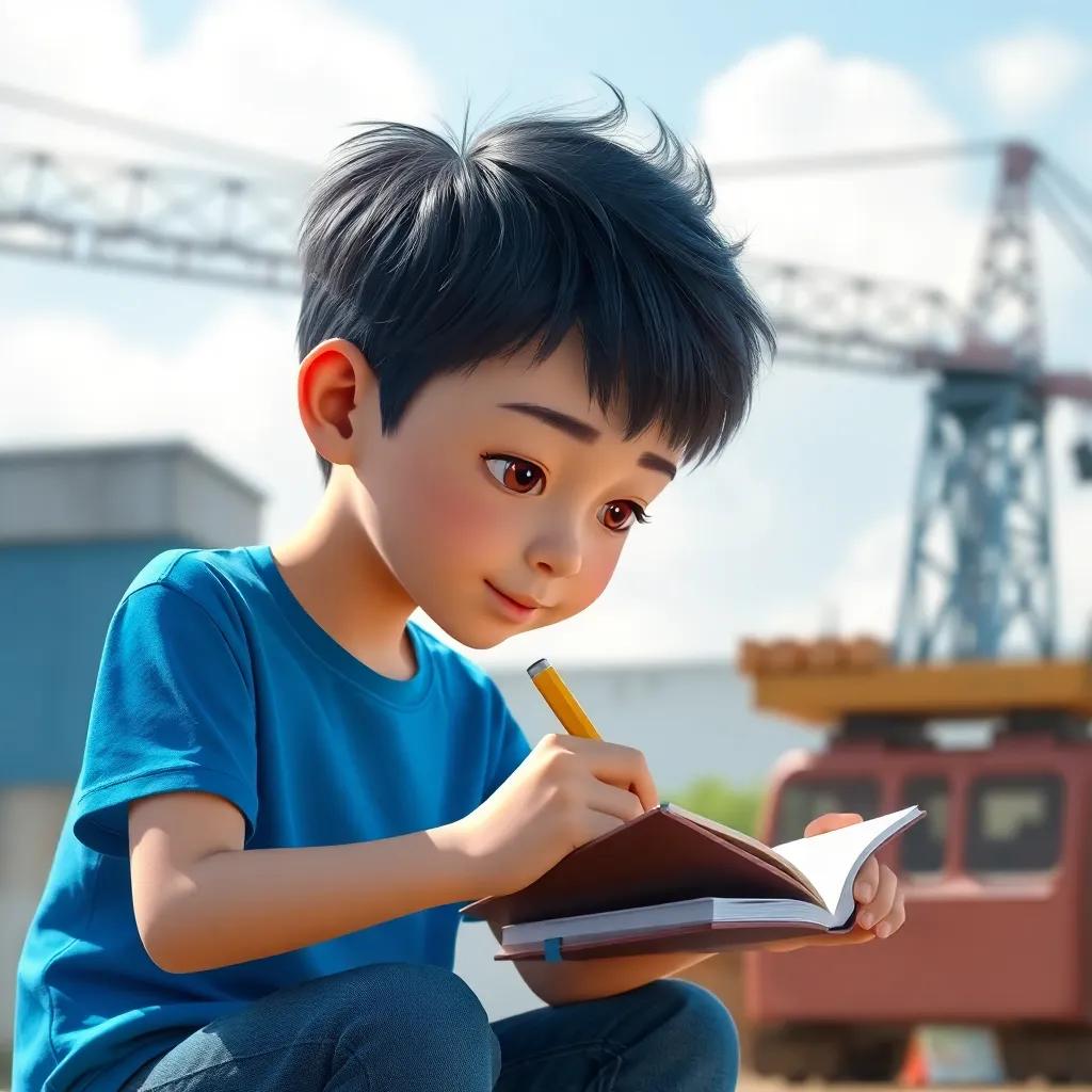 A young boy, سالم, with short black hair, wearing a blue t-shirt and jeans, writing in a small notebook with a crane in the background, outdoor environment, sunny day, focused expression