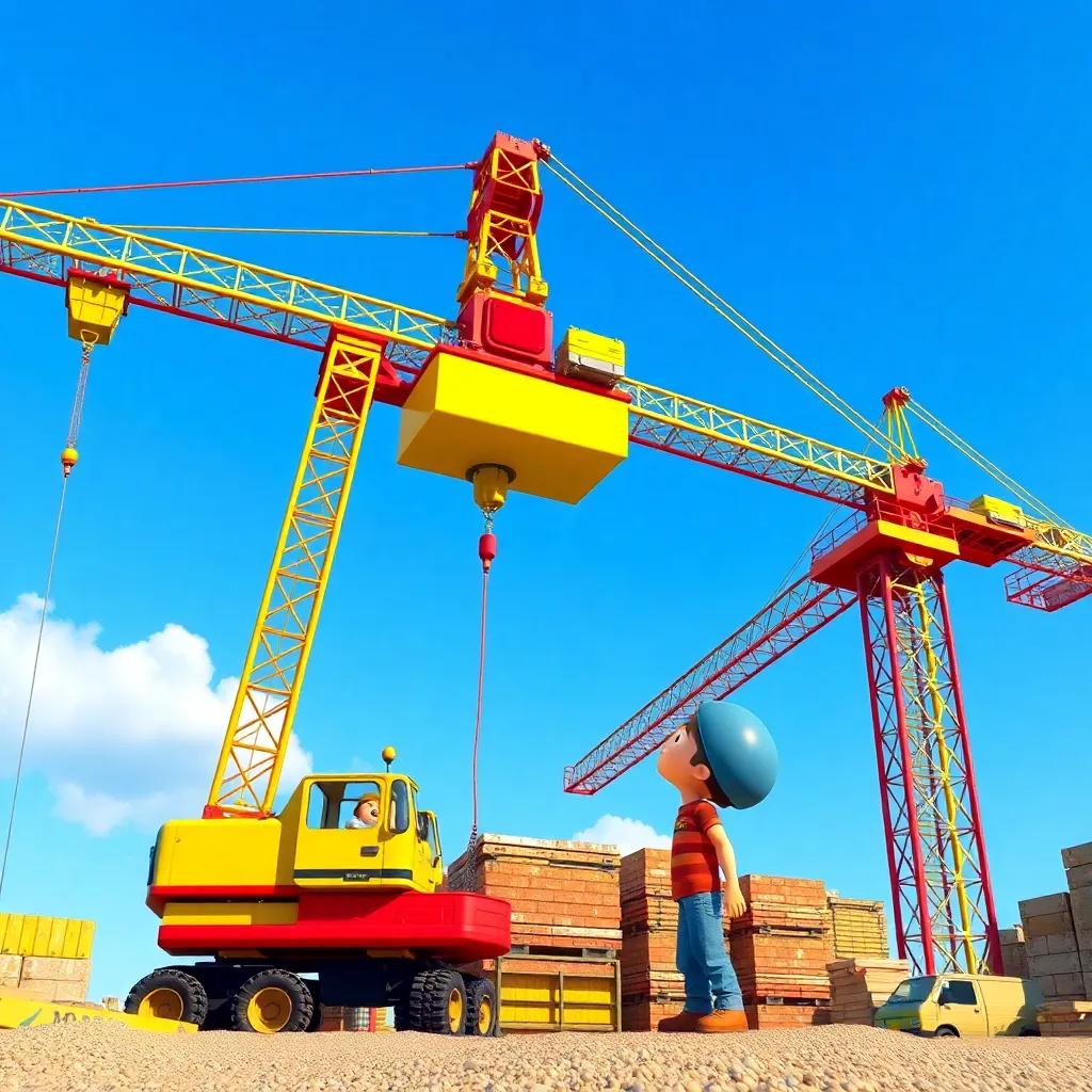 A colorful construction crane lifting heavy materials, with سالم watching in awe, clear blue sky, vibrant imagery, joyful feel