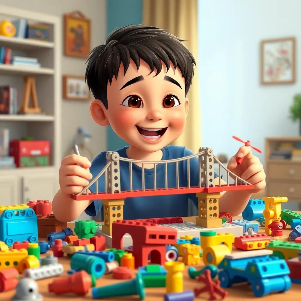 A young boy, سالم, playing with building blocks at home, constructing a bridge model, messy table filled with toys, enthusiastic expression, fun environment