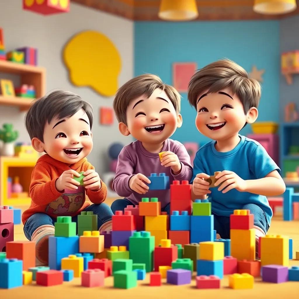 Three children including سالم, building together with colorful blocks, smiling and laughing, a vibrant playroom filled with creativity, lively colors, happy atmosphere