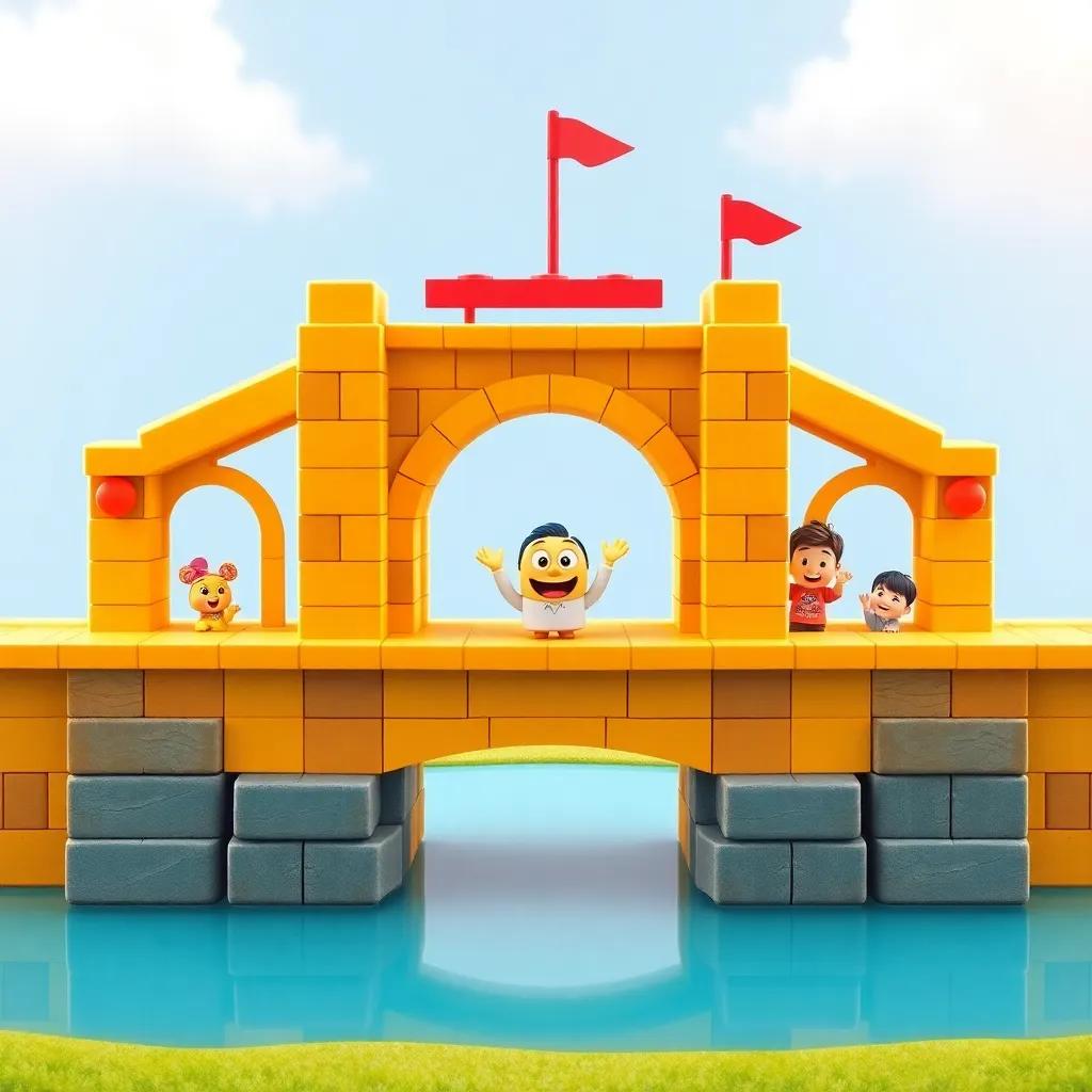 A completed bridge model made of blocks, with سالم and his friends cheering, bright and colorful, joyful scene, friendly and warm atmosphere