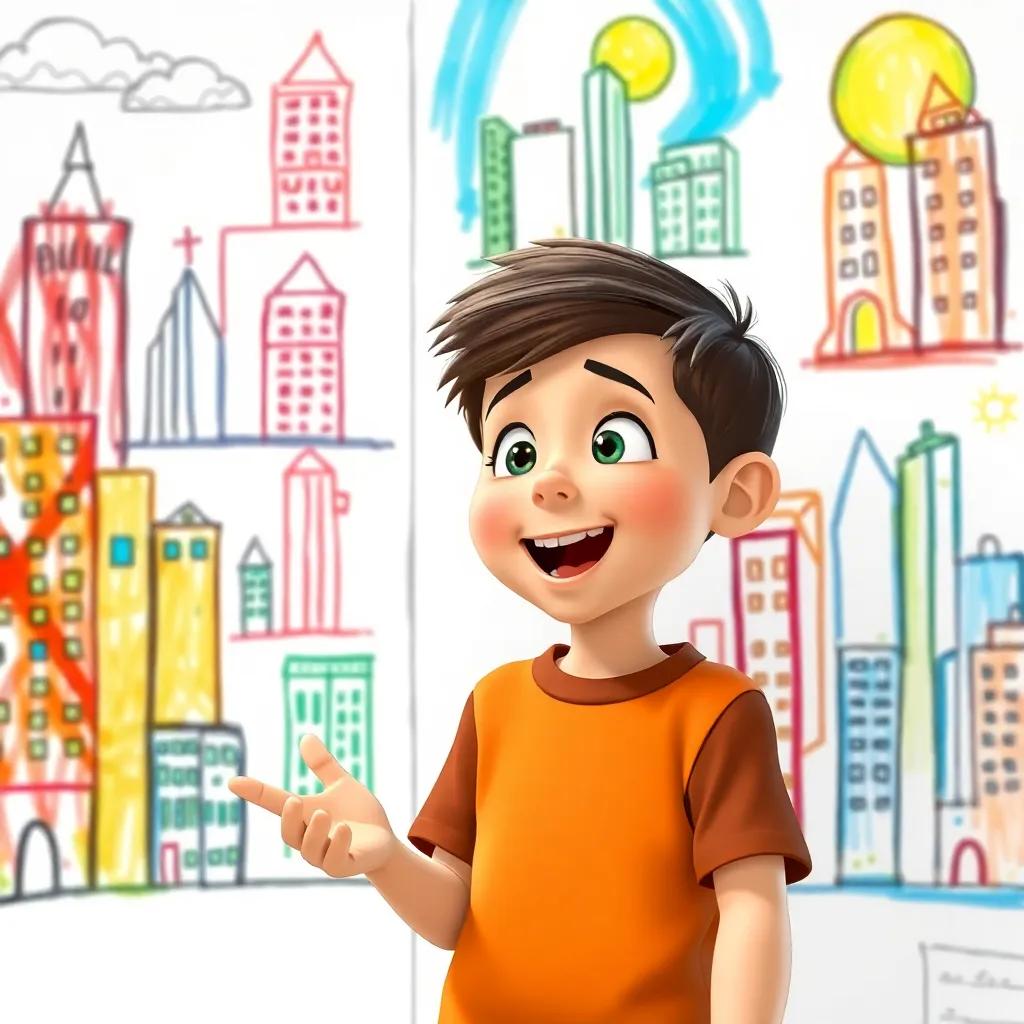 A young boy, سالم, enthusiastically talking about building a city, with colorful drawings of buildings around him on the wall, creative environment, inspiring