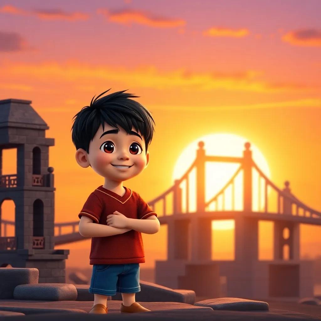 A sunset scene with سالم, a young boy with short black hair, feeling proud and happy, standing next to his block model bridge, the sky turning orange and purple, warm and hopeful feeling
