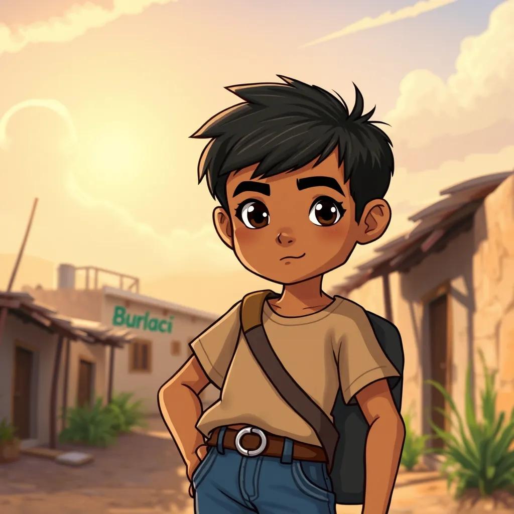 A brave citizen named Sami, a Middle-Eastern boy, about 10 years old, wearing jeans and a T-shirt, looking determined with short black hair and brown skin, in a small village during a sunny day, digital art, vibrant colors, friendly atmosphere, high quality