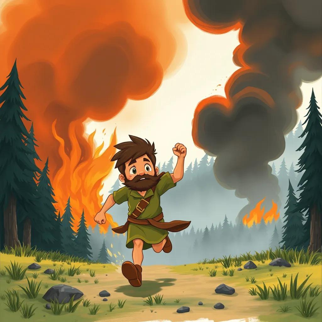Sami running towards a large forest fire, with dark smoke rising in the sky, a sense of urgency and bravery in his expression, detailed illustration, dynamic scene, bright colors, high quality