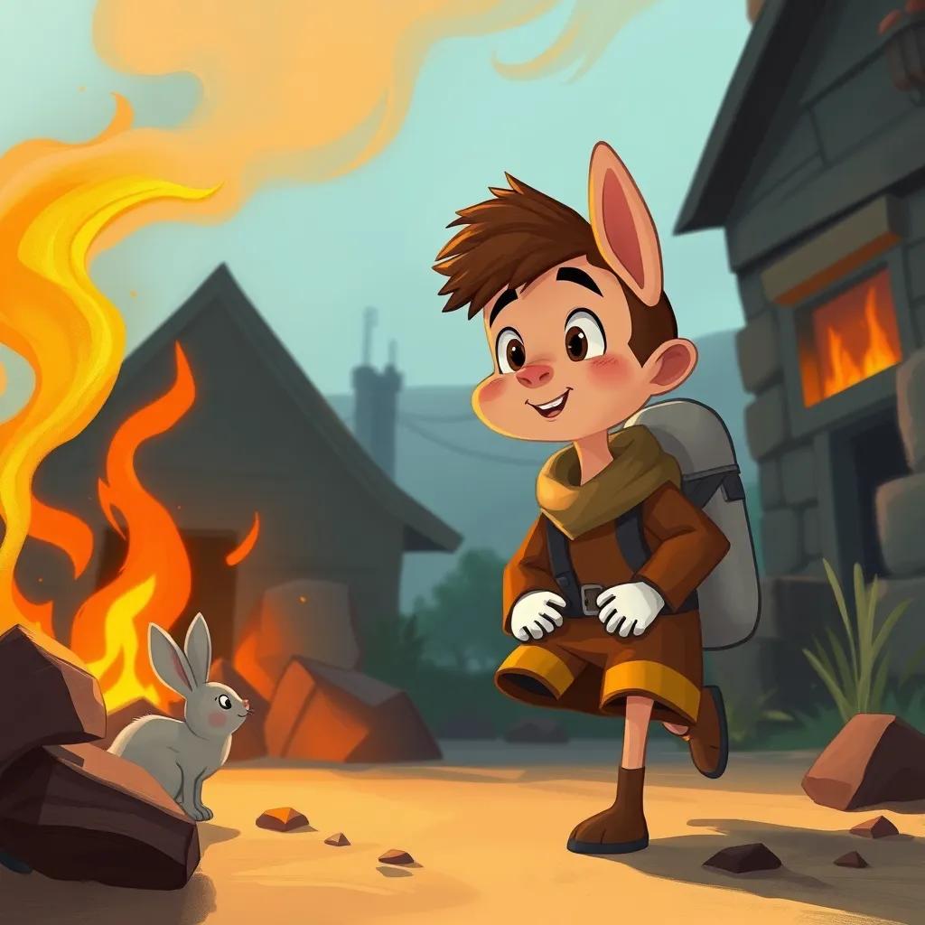 Sami arriving at the fire scene, spotting a small rabbit trapped, with flames in the background, valiant look on his face, digital painting, warm light, emotional moment, high quality
