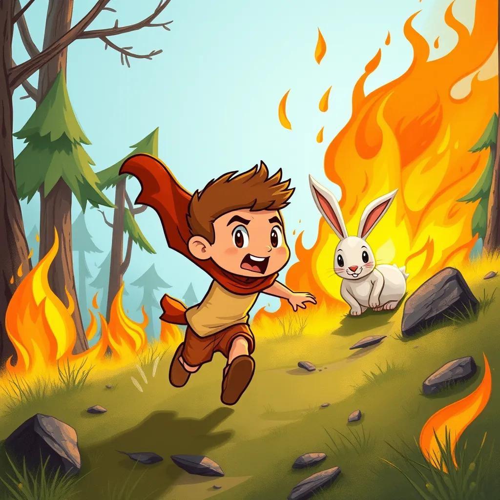 Sami bravely running towards the rabbit with flames behind him, determined look, surrounded by trees burning, a heroic pose, illustration, action-packed, bright colors, high quality