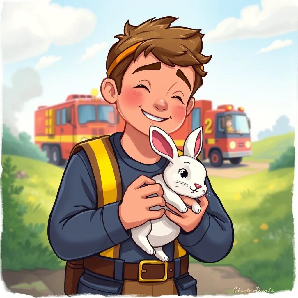 Sami rescuing the rabbit, holding it gently in his arms, relieved expression, with firefighters arriving in the background, positive and heroic atmosphere, colorful digital art, heartwarming scene, high quality
