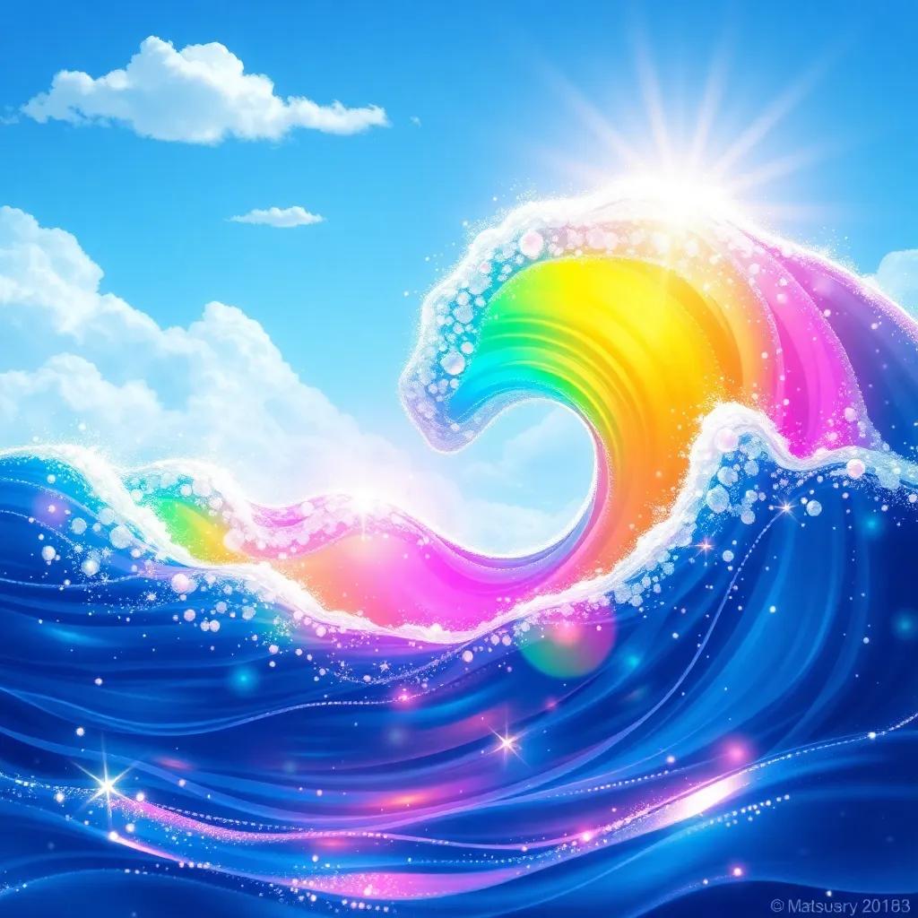 A magical wave shimmering in rainbow colors, speaking to Sami, with sparkling water around, under a sunny sky, illustration, enchanting, whimsical feel, vivid details