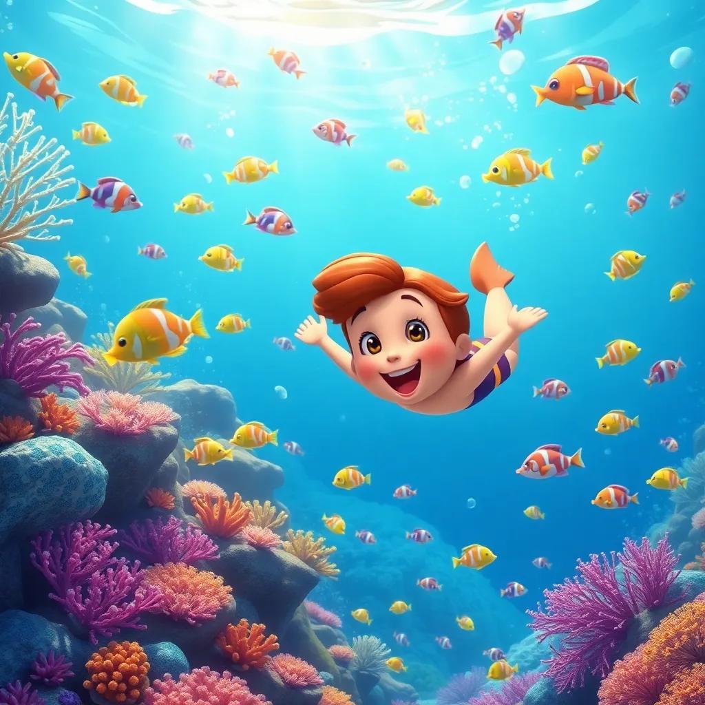 Sami swimming happily underwater surrounded by colorful fish and beautiful coral reefs, a sense of joy and wonder, bright aquatic colors, vibrant scene, child-friendly