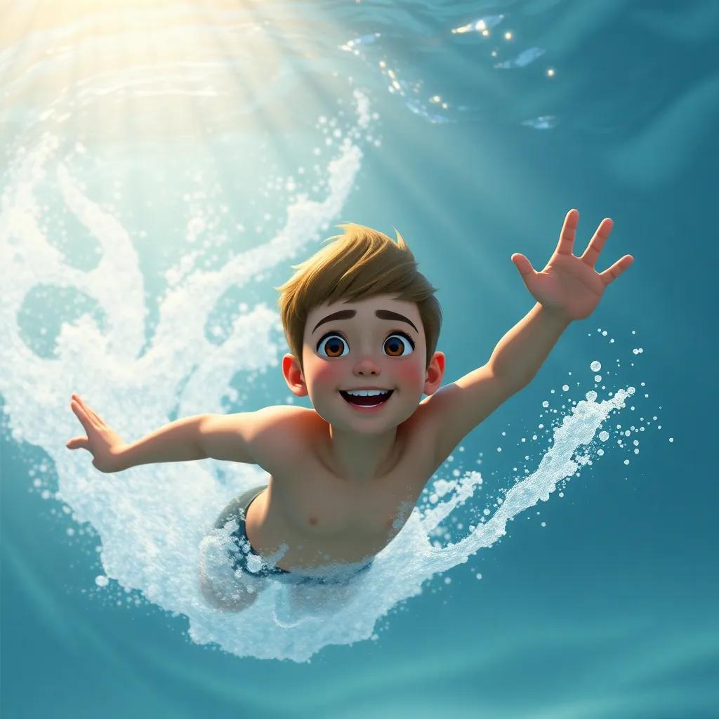 Sami learning to swim with strong strokes, guided by the magical wave, energetic motion, with light beams coming through the water, dreamy underwater perspective, imaginative