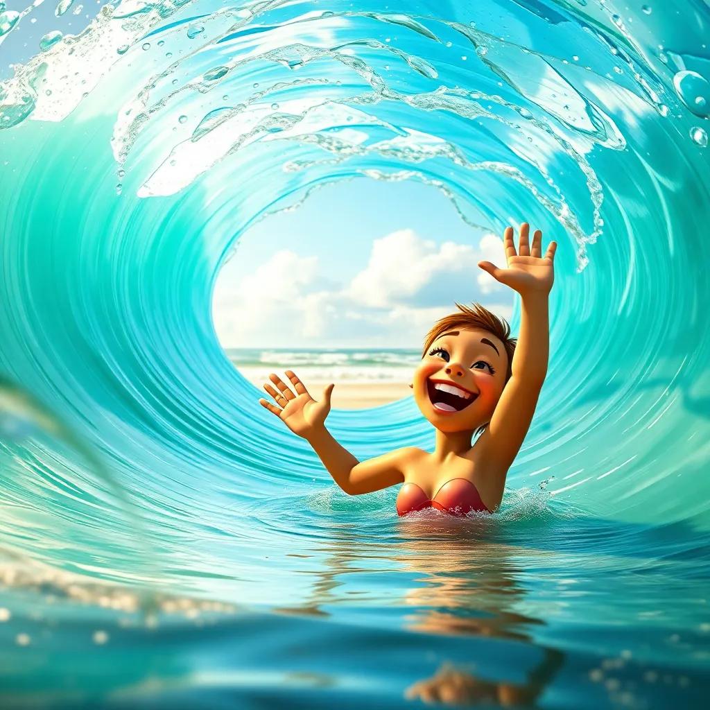 Sami emerging from the water, smiling widely, waving goodbye to the magical wave, the sunny beach in the background, joyful expression, warm colors, uplifting imagery