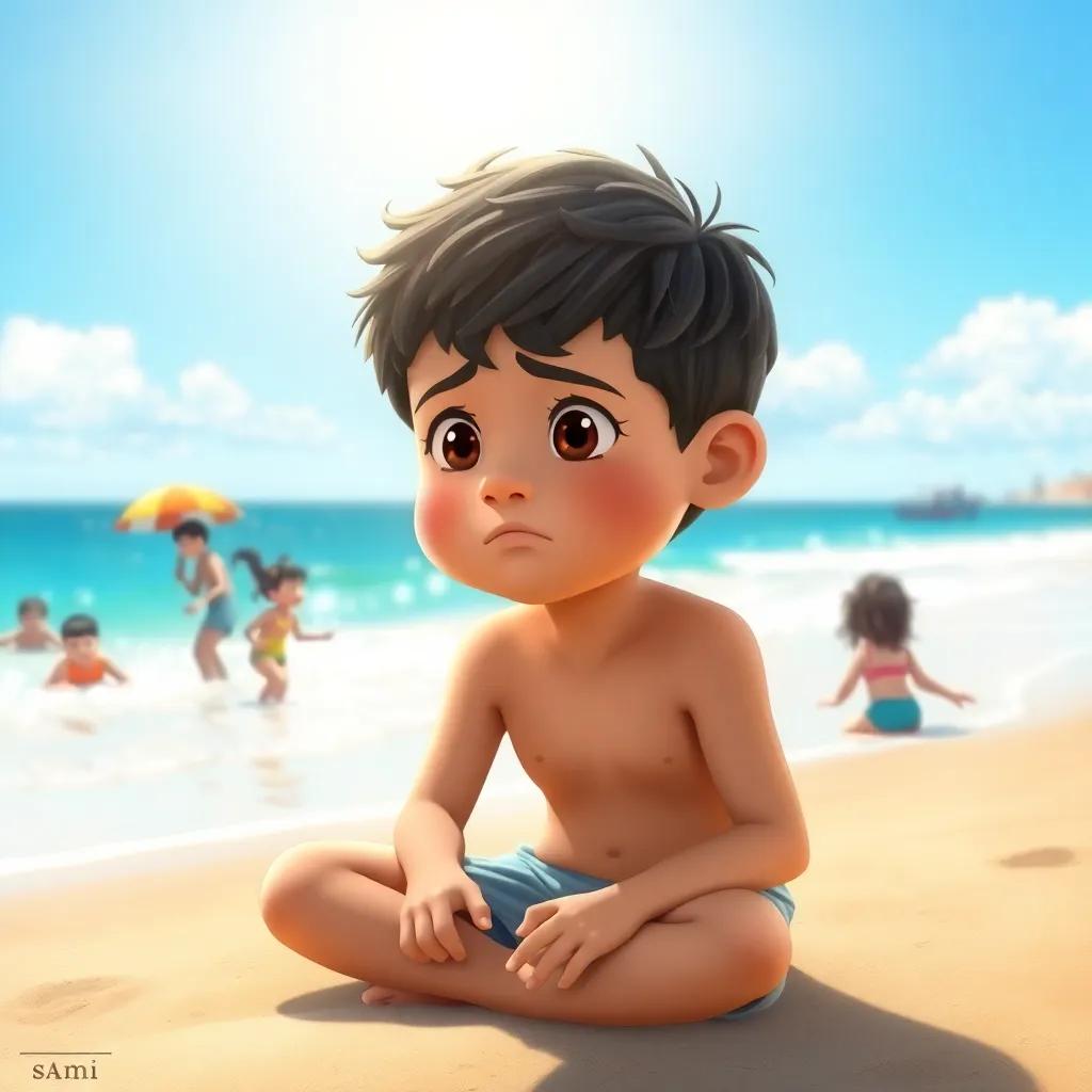 A young boy, Sami, sitting on the beach with a worried expression, looking at children playing in the water, bright sun shining overhead, digital art, cheerful, beach scene, inviting atmosphere, high quality