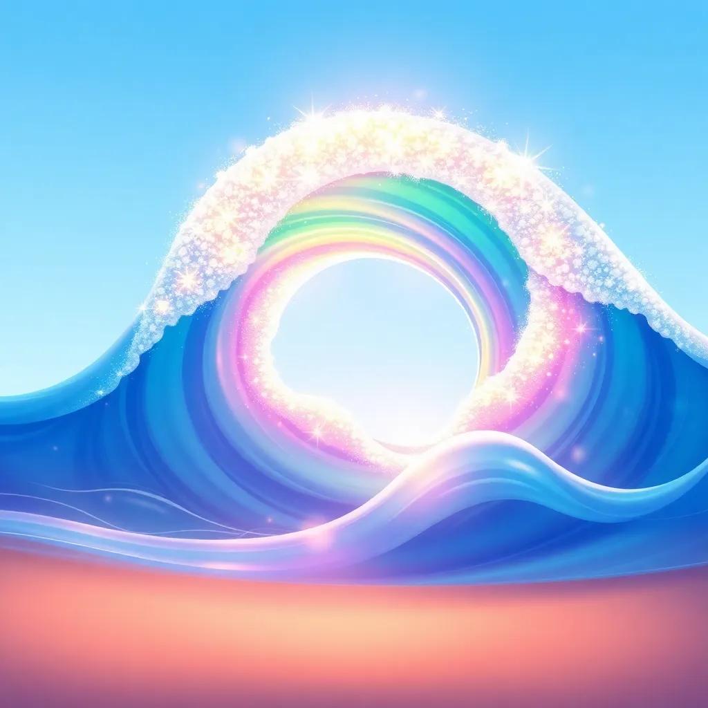 A magical wave appearing in front of Sami, sparkling with rainbow colors, looking friendly and inviting, under a clear blue sky, illustration, whimsical, bright colors, enchanting