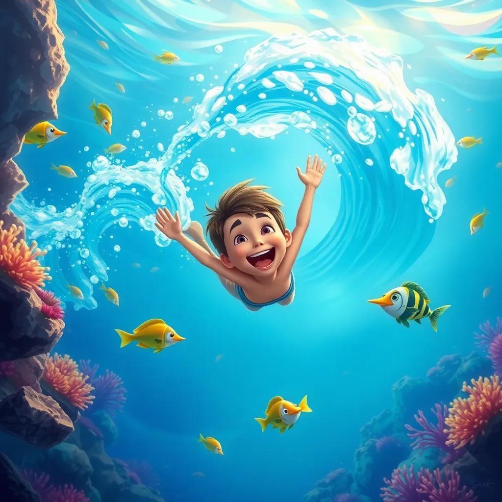 Sami swimming joyfully in the water with the magical wave guiding him, surrounded by colorful fish and coral reefs, in a beautiful underwater scene, digital painting, vibrant colors, joyful experience
