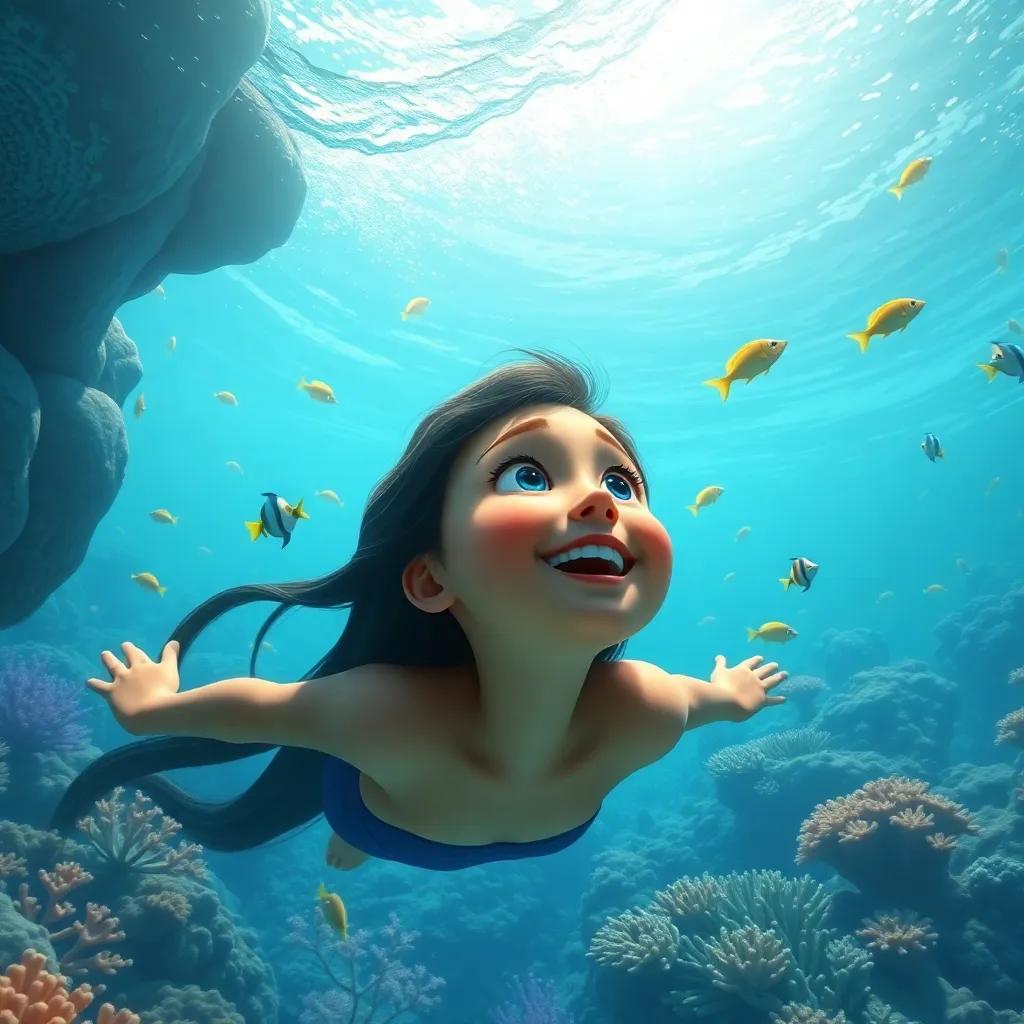 Sami amazed by the underwater beauty, watching colorful fish and coral while swimming with the magical wave, soft light filtering through the water, depiction of freedom and joy, high quality