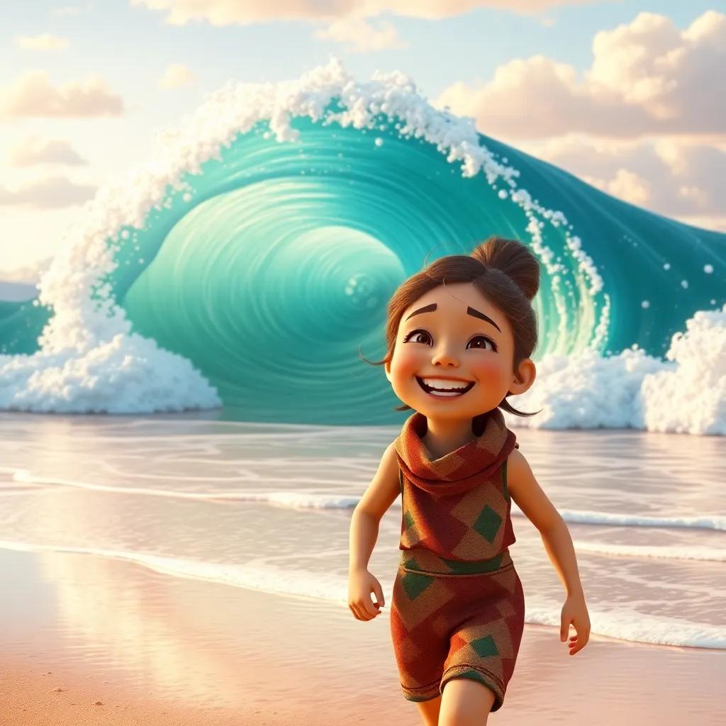 Sami returning to the beach with a wide smile, feeling happy and content, the magical wave gently receding into the sea, warm colors, heartwarming scene, uplifting imagery