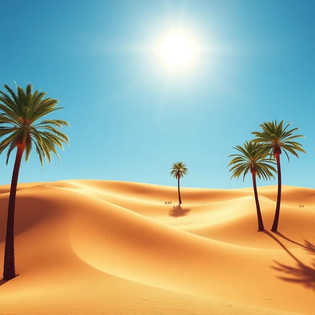 A beautiful desert landscape in the UAE, showing sand dunes and palm trees under a bright blue sky, vibrant colors, sunny atmosphere, high quality
