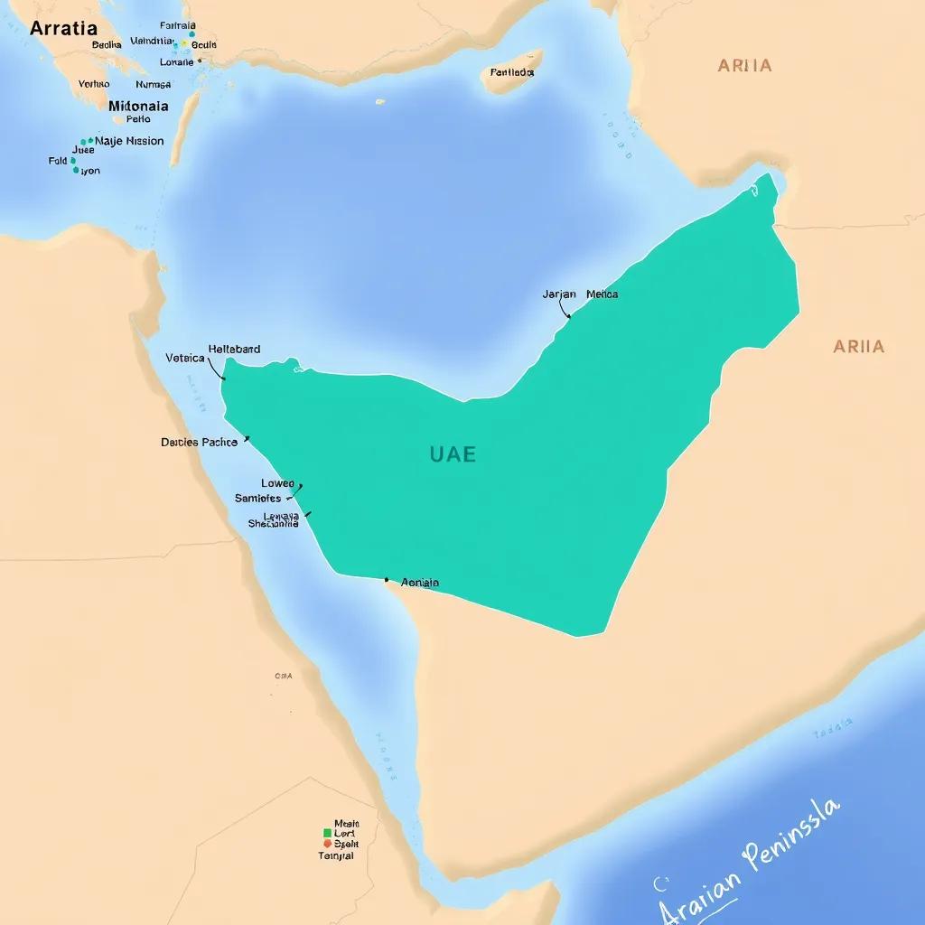 A map highlighting the geographic location of the UAE in the Arabian Peninsula, with clear boundaries and labels, educational style, colorful, informative