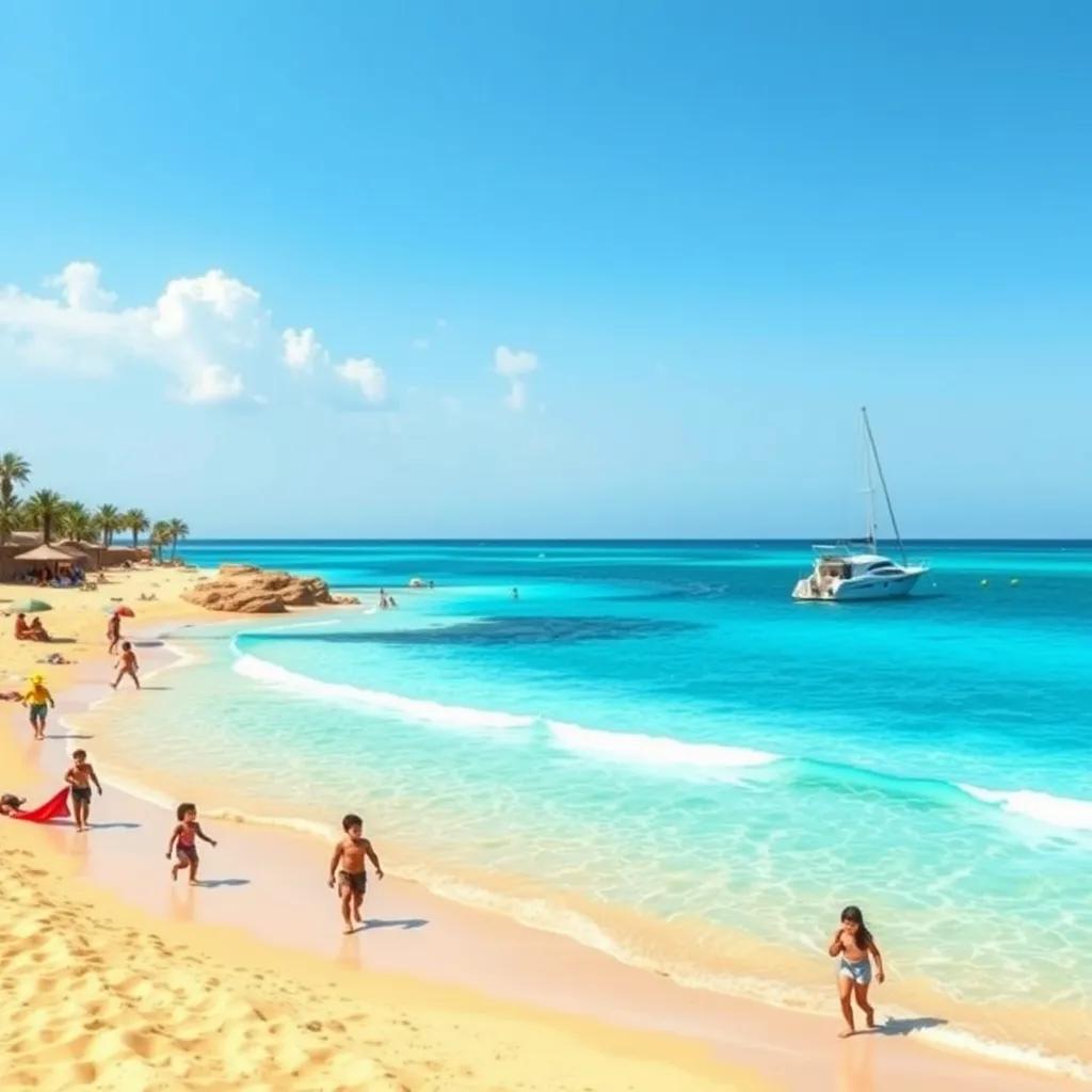 A picturesque beach scene in the UAE, with clear blue waters, golden sand, and children playing, cheerful and lively ambiance, digital art, bright colors
