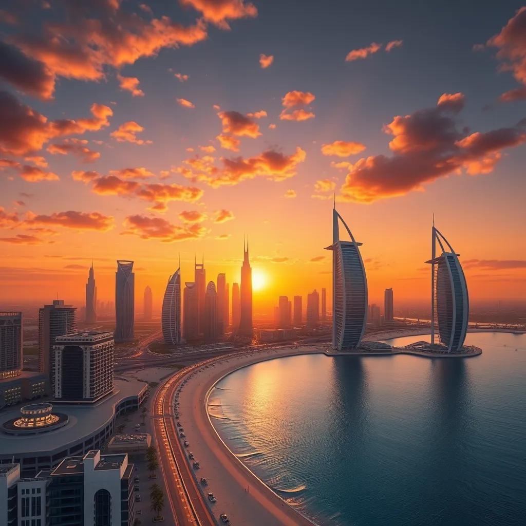 A stunning sunset over the UAE's skyline, showcasing modern buildings and the coastline, warm hues, inviting atmosphere, high quality