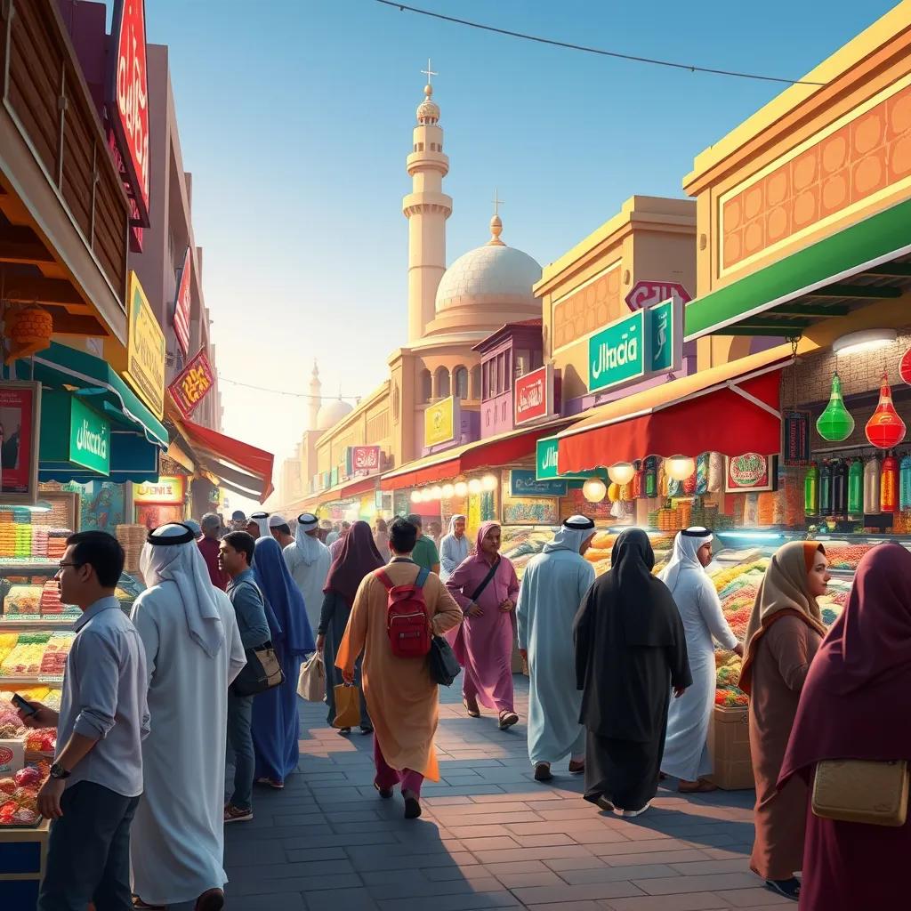 A bustling market in the UAE, with people from different cultures interacting and shopping, vibrant colors, lively scene, portraying the diversity and commerce of the region