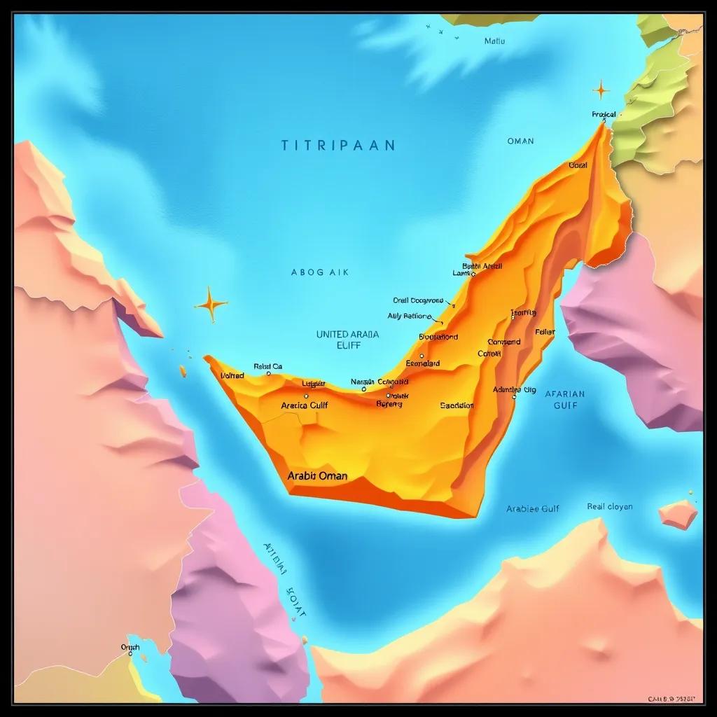 A detailed map of the United Arab Emirates showing its unique geographical location in the Arabian Peninsula, with labels for the Gulf of Oman and Arabian Gulf, vibrant colors, educational, high quality