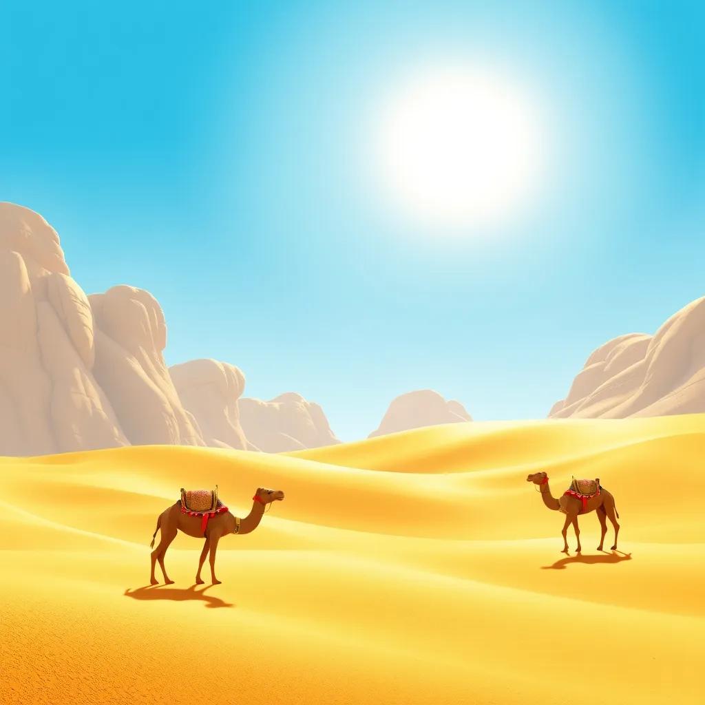 A sunny desert landscape representing the warm climate of the Emirates, with sand dunes and camels, under a blue sky, cheerful atmosphere, digital art, kid-friendly