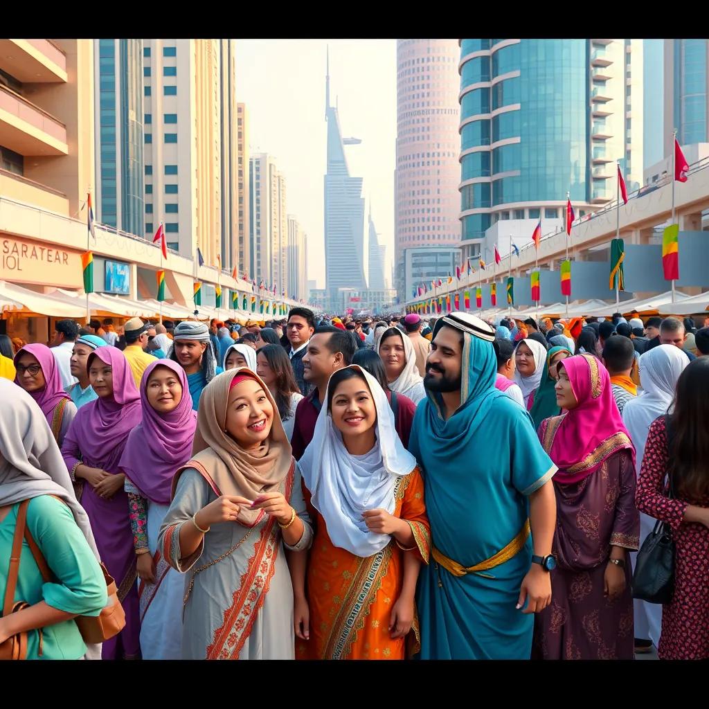 A diverse group of people from different cultures enjoying a festival in a modern city in the UAE, with traditional clothing and buildings in the background, lively scene, colorful, high quality