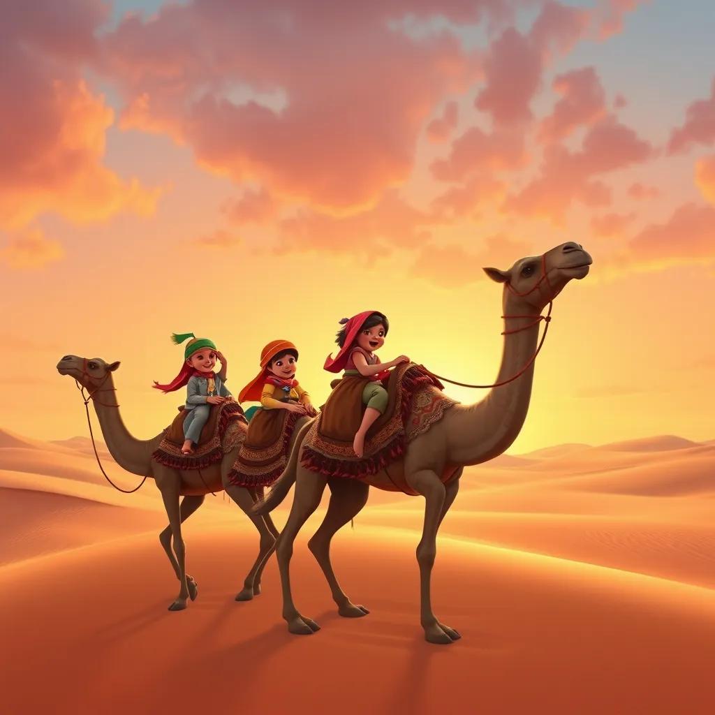 Children riding camels and enjoying traditional activities in the desert, surrounded by sand dunes and a sunset sky, joyful atmosphere, warm colors, adventure-themed