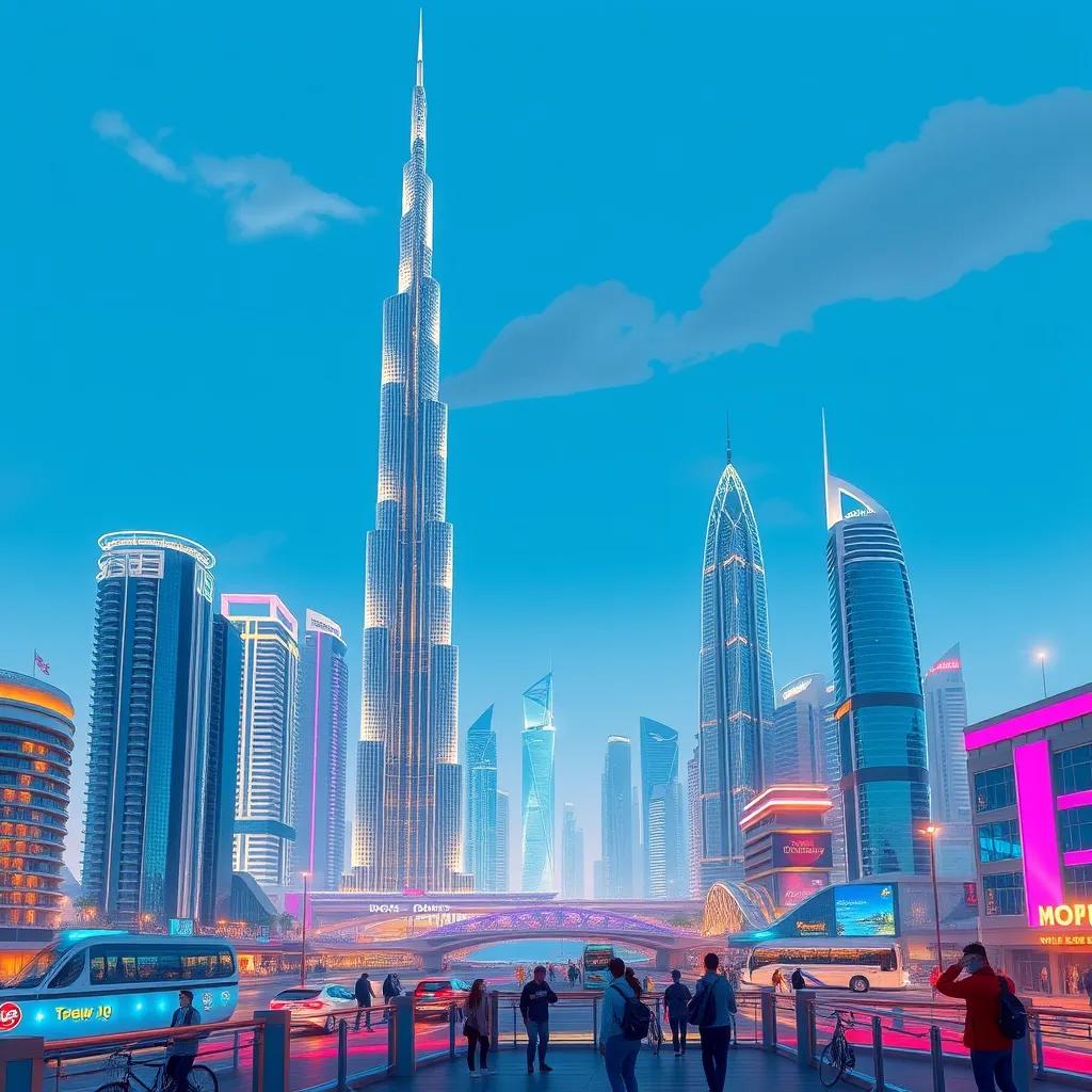 A beautiful skyline of Dubai featuring the Burj Khalifa and other modern skyscrapers, with people exploring the city, vibrant, futuristic, high detail