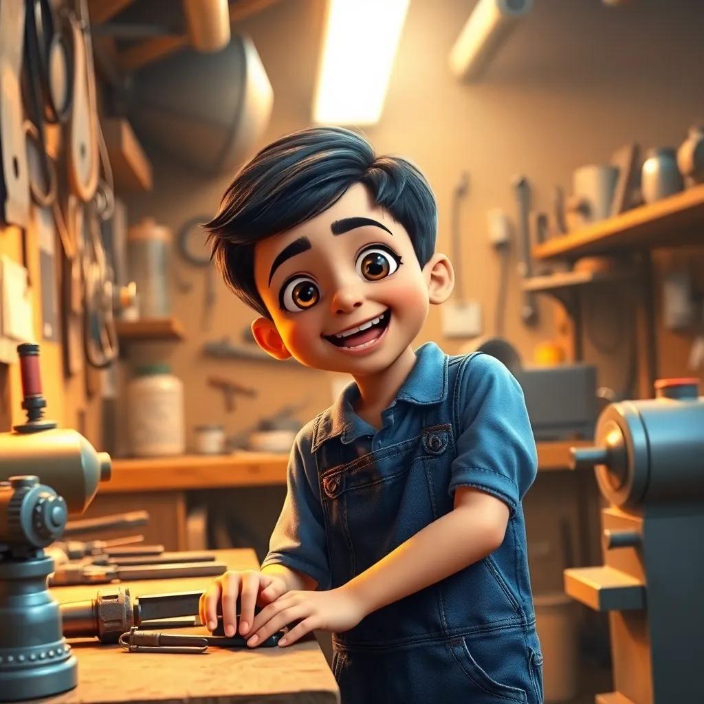 A young Arab boy, Sami, with short black hair, wearing a blue shirt and denim overalls, excitedly working in his grandfather's workshop filled with tools and machines, warm lighting, cheerful atmosphere, digital art, vibrant colors, high quality