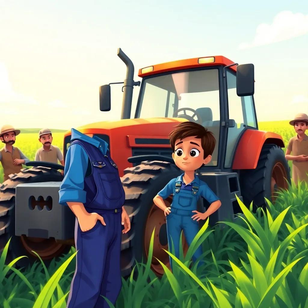 Sami, a young Arab boy with short black hair wearing a blue shirt and denim overalls, examining a large tractor in a green field, surrounded by worried farmers, bright day, detailed illustration, engaging and lively scene