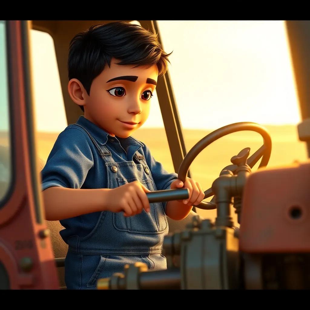 Sami, a young Arab boy with short black hair in blue shirt and denim overalls, fixing a tractor with tools in hand, focus on the engine, determined expression on his face, warm sunlight, realistic style, high-quality artwork