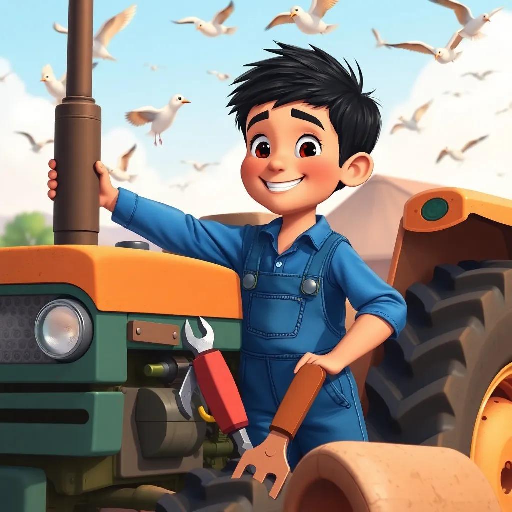 Sami, a young Arab boy with short black hair in blue shirt and denim overalls, with tools around him, enthusiastically repairing a tractor while birds fly above, colorful, joyful scene, illustration, child-friendly